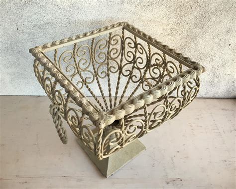 Vintage Chippy Metal Pedestal Basket Planter Wire Basket Handles