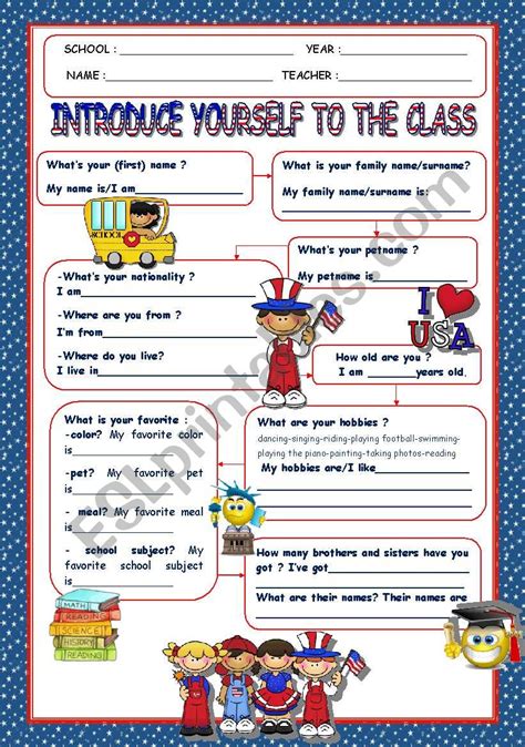 First Day Of School Introduce Yourself To The Class Esl Worksheet By