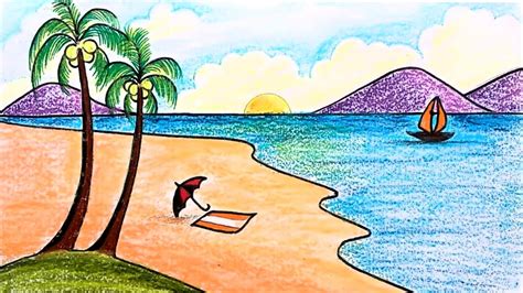 How To Draw A Sea Beach Scenery Step By Step Scenery Drawing For Beginners YouTube