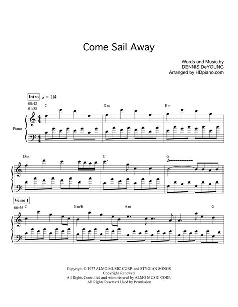 Download Hdpiano Sheet Music To Come Sail Away By Styx And Print It Instantly From Sheet Music
