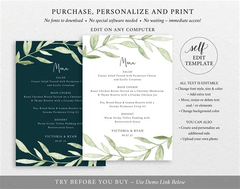 Change up the copy and font—sub out the imagery with your photos. Wedding Menu Template, Greenery Leaves, Editable Instant ...