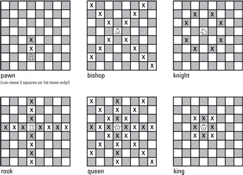 This page will cover where the chess pieces should start the game, how they move, how their moves are notated, and how good they are relative to the other chess pieces. Knowing the Moves that Chess Pieces Can Make - dummies