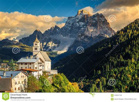 Amazing Autumn Landscape With Church On The Hill Dolomites Italy
