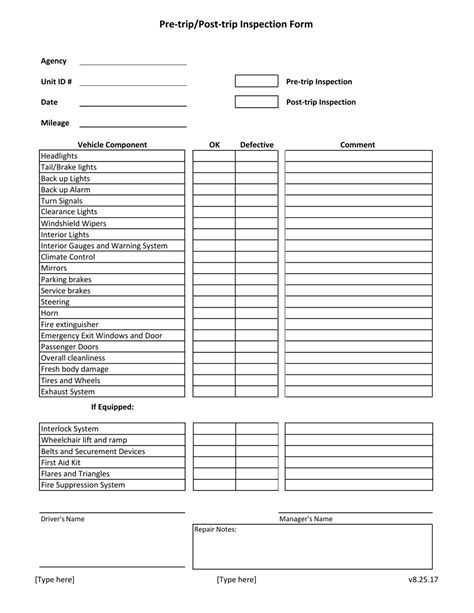 Printable Pre Trip Inspection Checklist Sheet