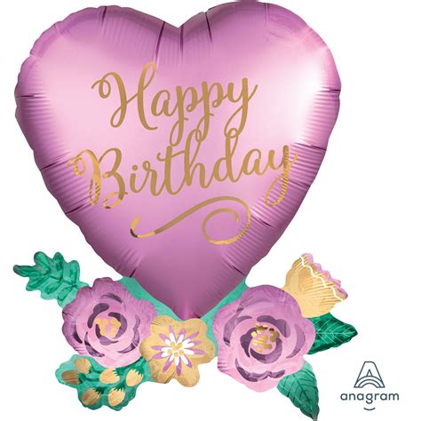 Happy Birthday Satin Heart With Flowers Supershape Foil Balloons 23