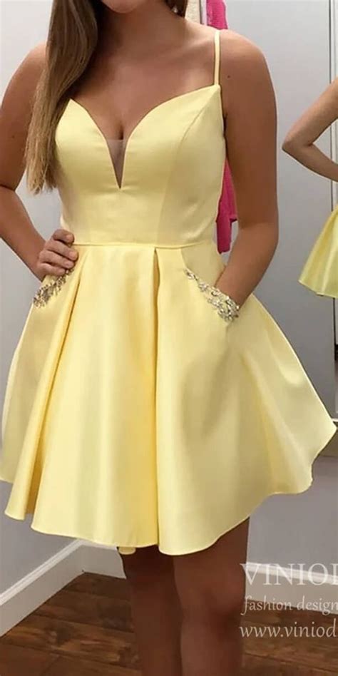 Open Back Yellow Satin Homecoming Dresses With Beaded Pockets Sd1399 In 2021 Yellow Homecoming