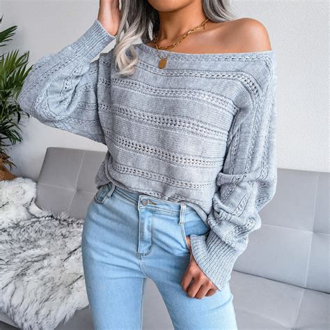 Off Shoulder Knitted Sweater Women 2021 Fashion Hollow Out Long Sleeve