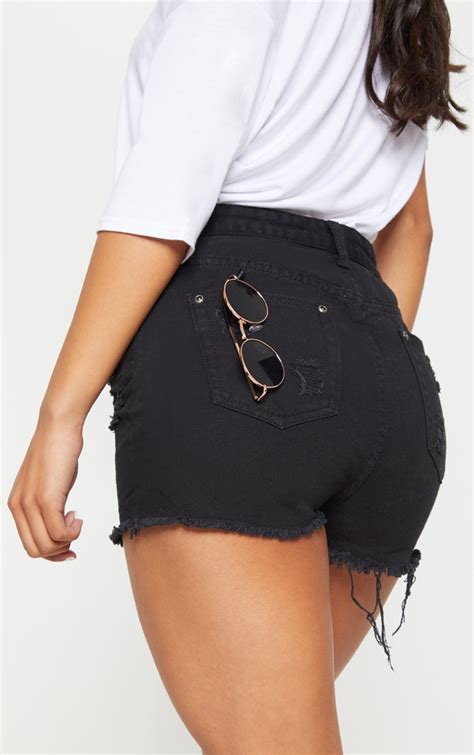 Black Ripped Denim Short Denim Prettylittlething