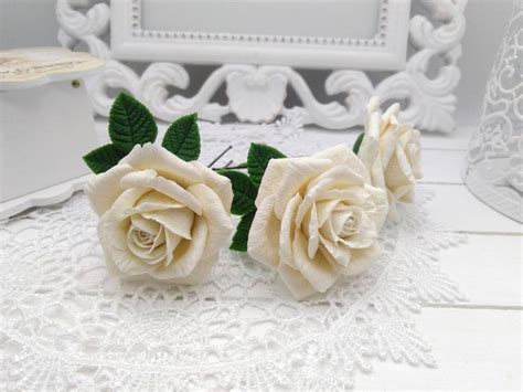 Hairpin With A Rose From Polymer Clay Whait Rose Wedding Etsy