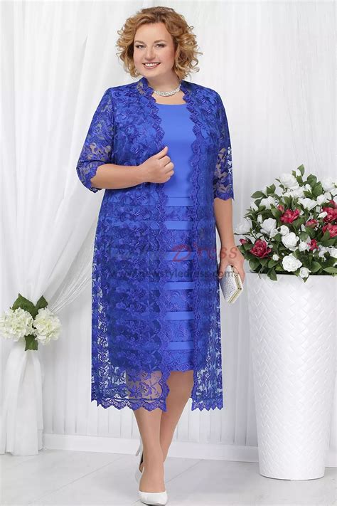 Royal Blue Plus Size Mother Of The Bride Dress With Jacket Mid Calf Lace Women S Outfit Nmo 590