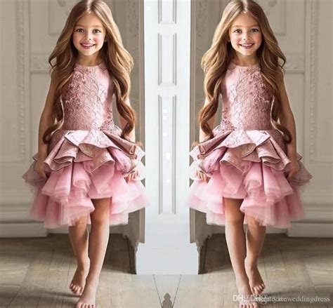 Abao Childrens Girl Pink Knee Length Ruffled Tulle Rhinestone Lace
