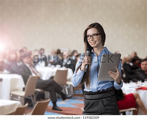 Beautiful Business Woman Speaking On Conference Stock Photo 119582509