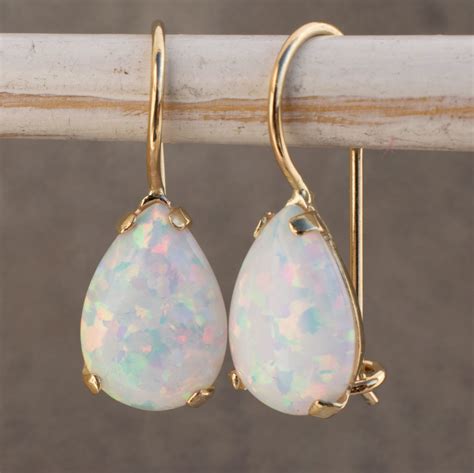 14k Solid Yellow Gold Teardrop 7x10mm White Opal Drop Earrings Summer