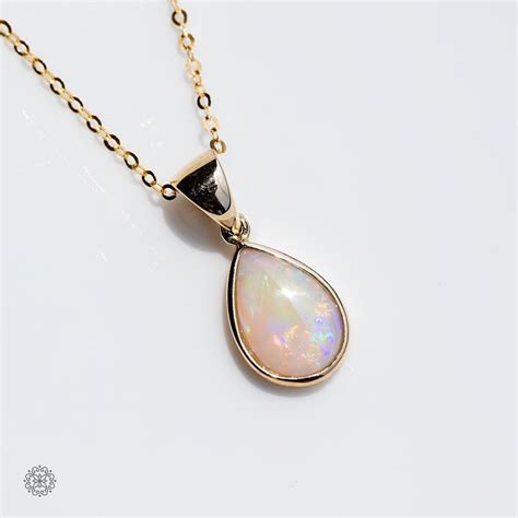 Pear Shaped Natural Australian Solid Opal Pendant Necklace In 14k