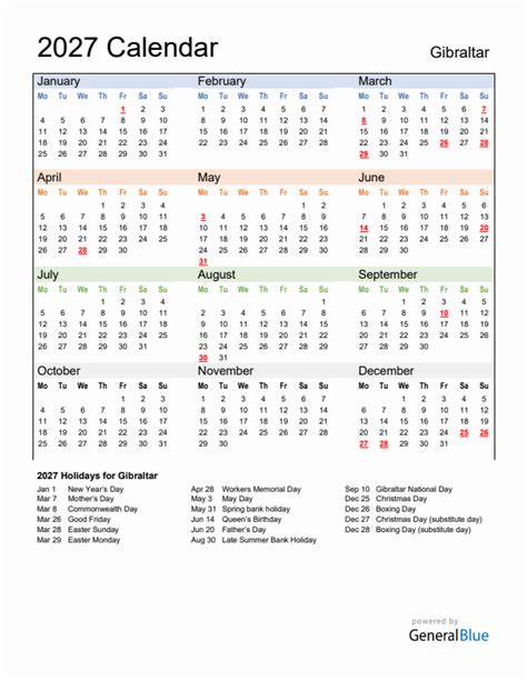 Annual Calendar 2027 With Gibraltar Holidays