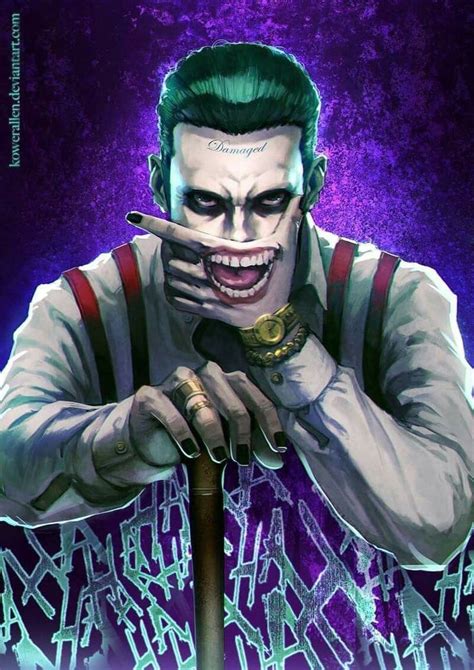 The Joker With Green Hair And Makeup Holding A Cane In His Hand While