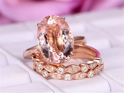 1288 Elongated Oval Morganite Engagement Ring Sets Art Deco Diamond