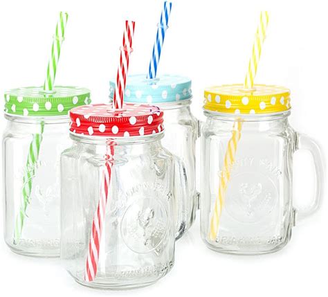Amazonsmile Mason Jar Mugs With Handle Multi Colored Lids And Plastic Straws 16 Oz Each Old