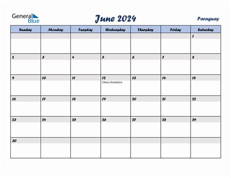 June 2024 Monthly Calendar With Paraguay Holidays