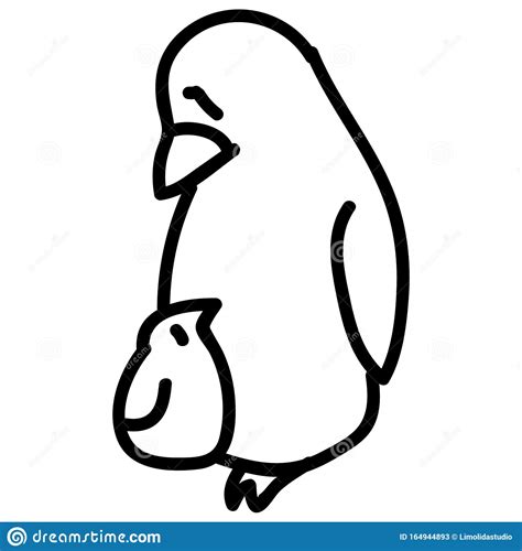 Adorable Lineart Lying Down Cartoon Penguin And Chick Clip