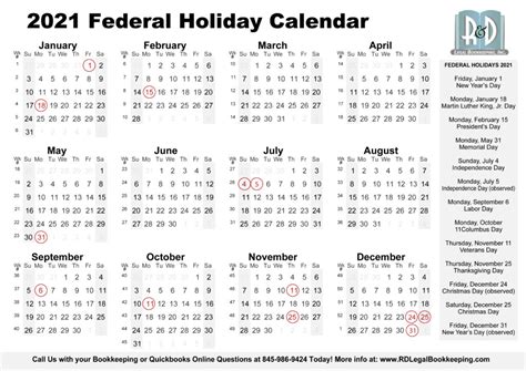 2021 Federal Holiday Calendar Printable