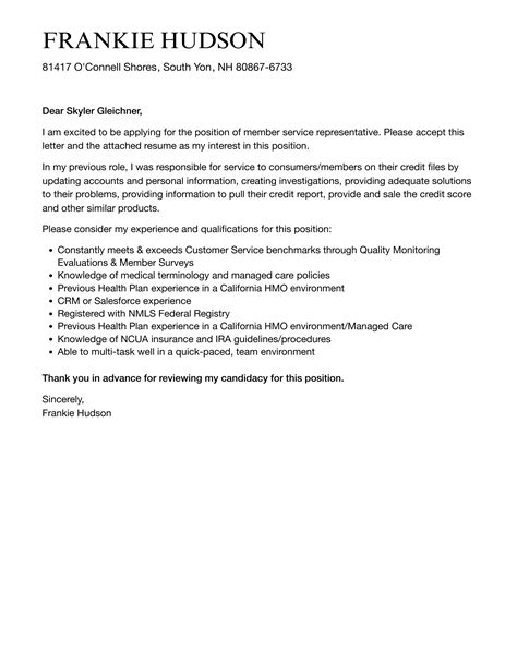 Member Service Representative Cover Letter Velvet Jobs
