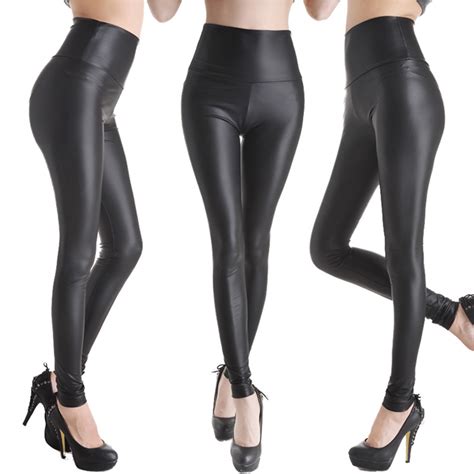 Fashion Sexy Women High Waist Black Stretchy Faux Leather Pants