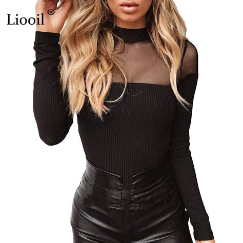 Liooil Sexy See Through Lace Bodysuits Autumn Winter Jumpsuit For Women