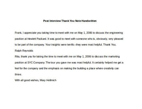 8 Post Interview Thank You Notes Free Sample Example Format Download