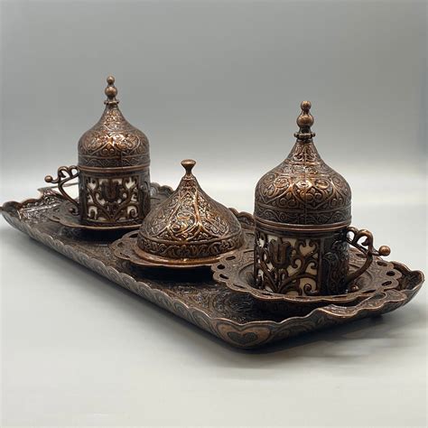 Traditional Antique Copper Turkish Coffee Set For 2 Lokum