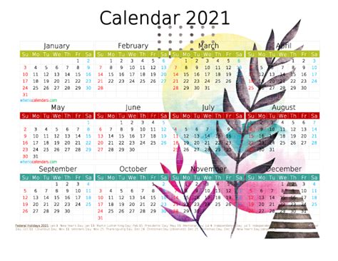 12 Printable 2021 Yearly Calendar With Holidays Watercolor Premium
