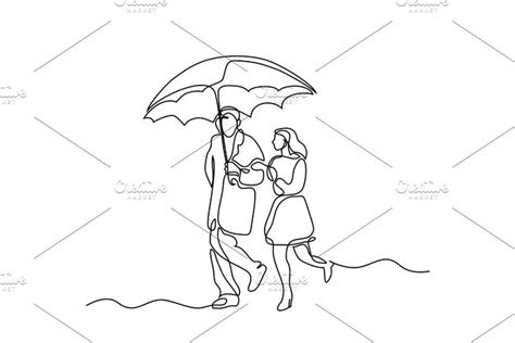 Couple Walking Under Umbrella Couples Walking Comic Drawing Continuous Line Drawing