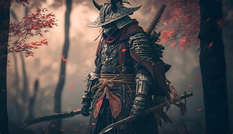 Premium Ai Image A Samurai Stands In Front Of A Maple Tree With The