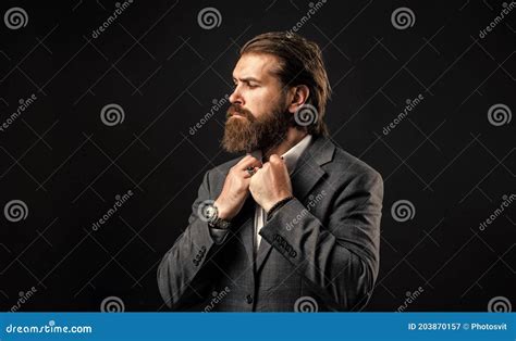 Man With Beard Wear Grey Suit Corporate Style Neat Guy Concept Stock