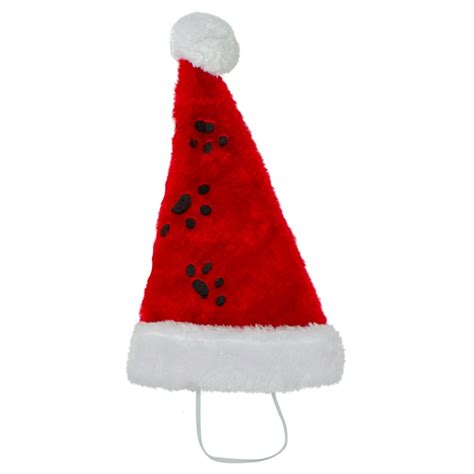20 Red Plush Pet Santa Hat With Black Paw Prints And White Brim Cuff