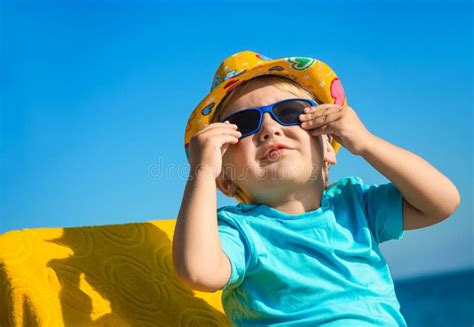 Boy Kid In Sun Glasses And Hat On Beach Stock Photo Image 42510928