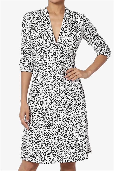 Leopard Print Ruched 34 Sleeve V Neck Fit And Flare Stretch Dress Themogan