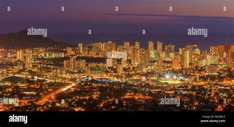 View To Honolulu From Tantalus Lookout At Sunset Oahu Hawaii Stock