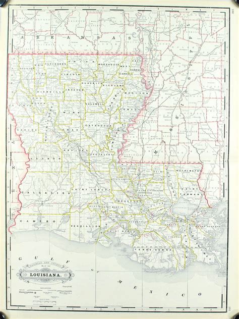 Louisiana Railroad And County Antique Map 1887 Vintage Wall Decor