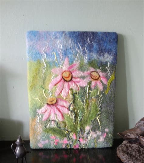 Felted Picture A Textile Wall Hanging Of Pink Daisy Flowers Etsy Uk