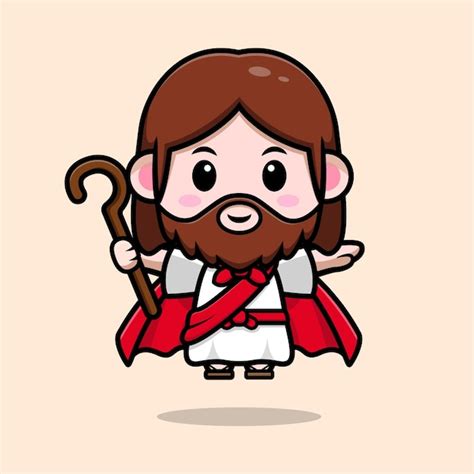 Premium Vector Cute Jesus Christ Flying With Robe And Holding Stick