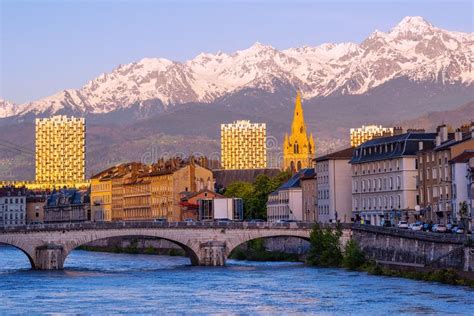Grenoble France Historical City Center And Alps Mountains Stock Image