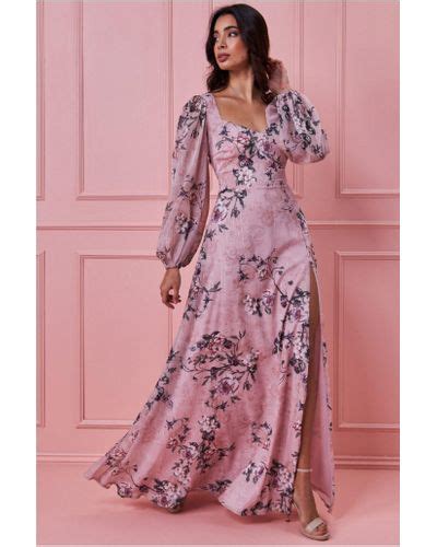 Goddiva Long Sleeve Floral Maxi With Split In Pink Lyst