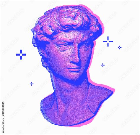 Vector Pixel Art Ilustration With Michelangelos David Bust Vaporwave