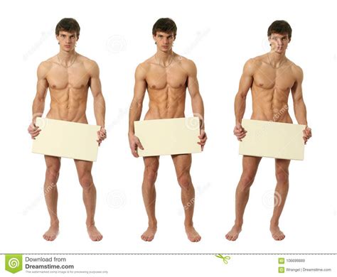 Three Naked Men Covering With A Blank Sign Stock Image Image Of Covering Caucasian