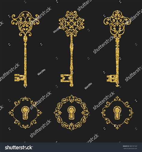 Golden Glitter Vintage Keys Keyholes Set Stock Vector Royalty Free