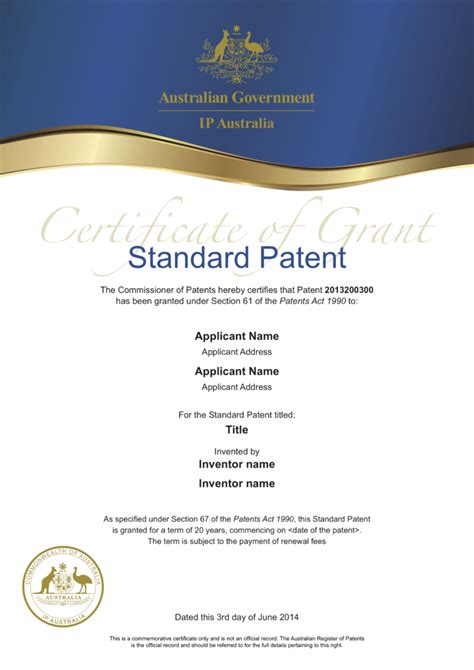 Printable Word Doc Certificate Of Grant Standard Patent0