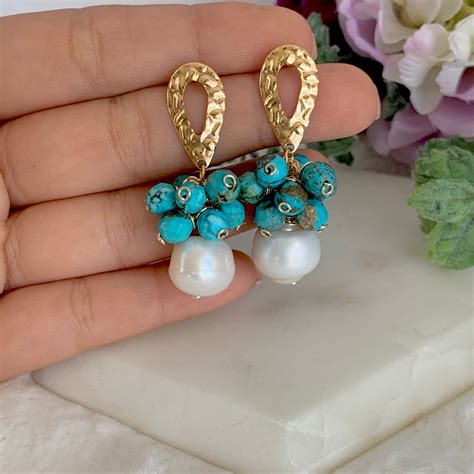 Turquoise Statement Earrings Genuine Turquoise Earrings Long Pearl