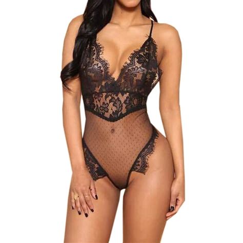 Womens Strappy Plunge V Neck Full Lace Backless Bodysuit Bodycon Tops