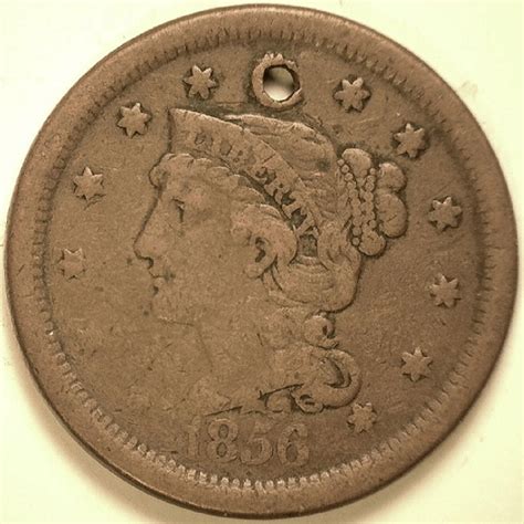 1856 Large Cent Vg 8 Holed Holed Us Coins